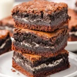 Stack of three Oreo-Stuffed Brownies on a white plate showing creamy cookie centers.