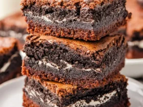 Stack of three Oreo-Stuffed Brownies on a white plate showing creamy cookie centers.