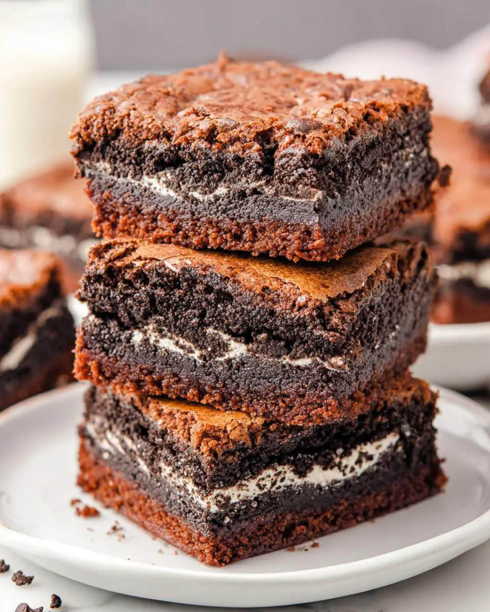 Oreo-Stuffed Brownies 28 Stack of three Oreo-Stuffed Brownies on a white plate showing creamy cookie centers.