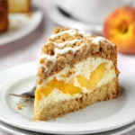 A slice of Peach Coffee Cake with crumb topping, cream cheese filling, and fresh peach slices on a white plate.