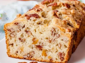 Peach Pecan Bread 53 A sliced loaf of Peach Pecan Bread on a white plate, showing tender crumb with peach chunks and pecans inside, topped with whole pecans.