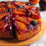 A sliced Peach-Plum Upside-Down Cake with caramelized fruit topping sits on a wooden board with fresh fruit in the background.