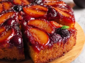 A sliced Peach-Plum Upside-Down Cake with caramelized fruit topping sits on a wooden board with fresh fruit in the background.