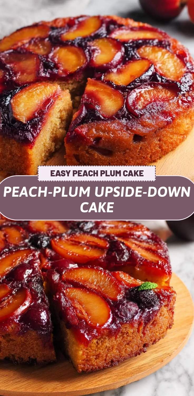 finished Peach-Plum Upside-Down Cake on wooden board with slice removed