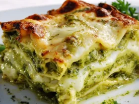 Pesto Lasagna Recipe 53 A slice of creamy Pesto Lasagna Recipe with golden melted cheese and vibrant green layers on a white plate.