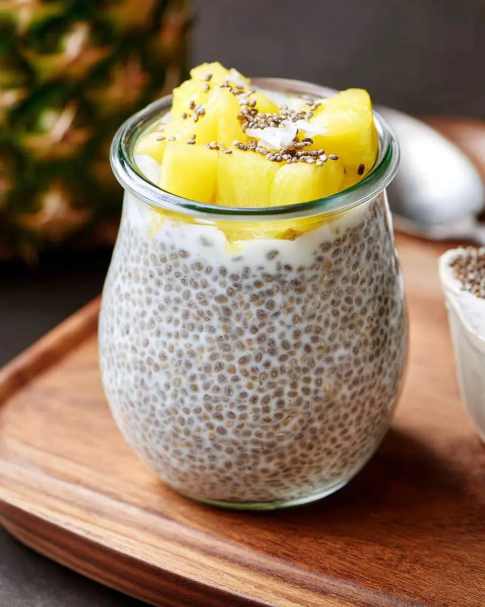layered pineapple chia pudding in glass jars showing texture and color