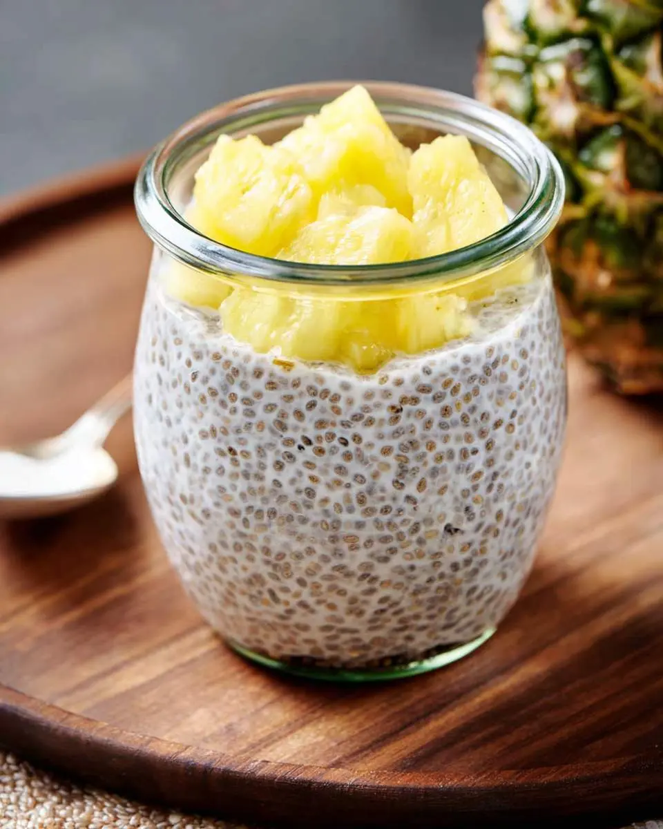 pineapple chia pudding ingredients arranged on a counter with fresh pineapple chunks and chia seeds