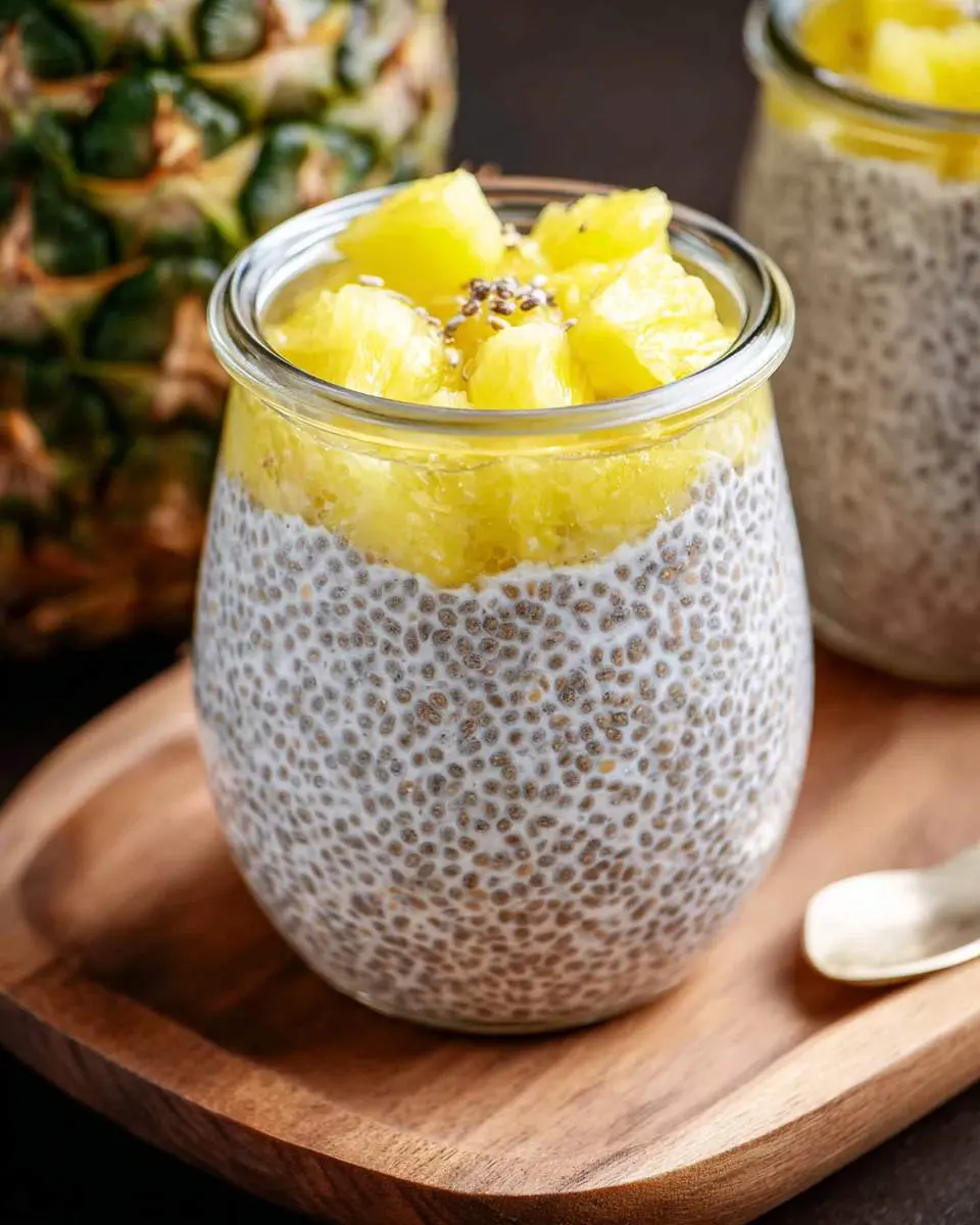 Creamy Pineapple Chia Pudding served in a glass jar topped with fresh pineapple chunks and chia seeds.