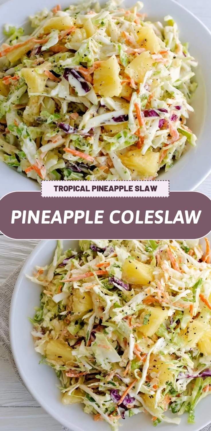 Finished pineapple coleslaw served in a white bowl with fresh pineapple garnish