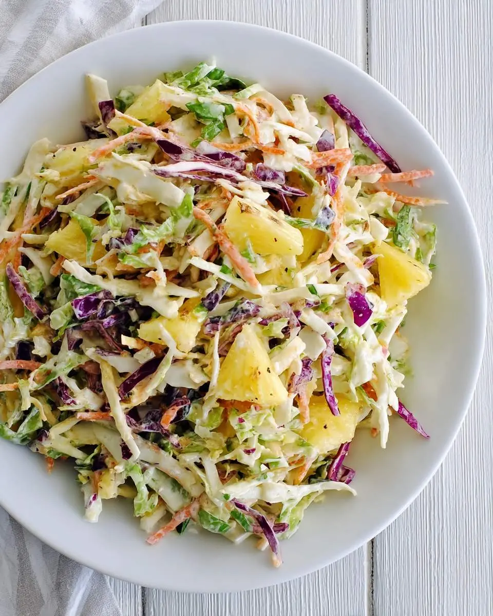 Fresh pineapple coleslaw ingredients arranged on a cutting board with shredded cabbage and pineapple chunks