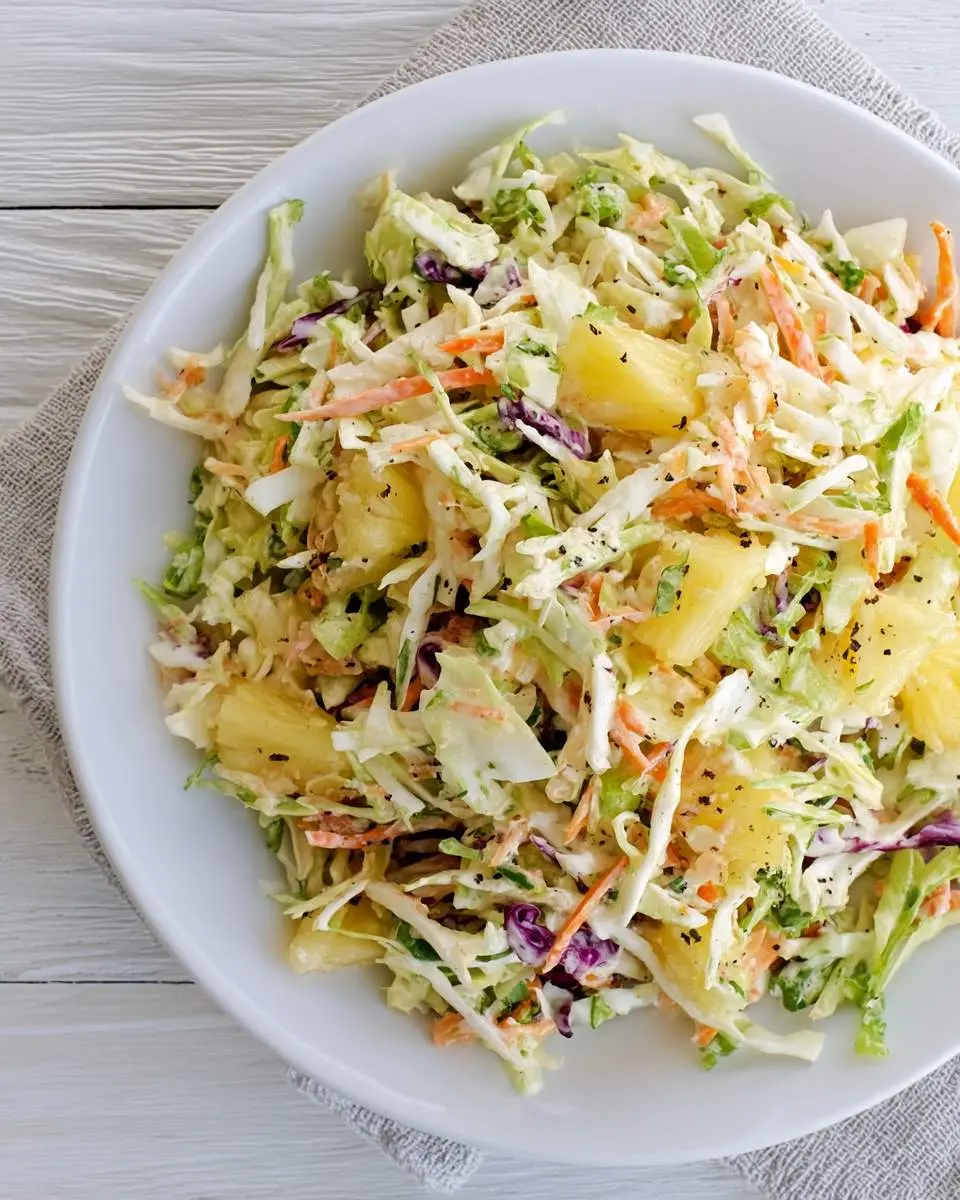 Fresh Pineapple Coleslaw with shredded cabbage, carrots, and pineapple chunks in a creamy dressing served in a white bowl.