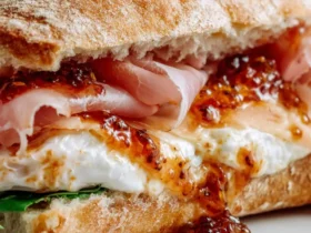 Close-up of a Prosciutto and Cheese Sandwich with Chili Fig Jam on crusty bread, featuring creamy cheese and greens.