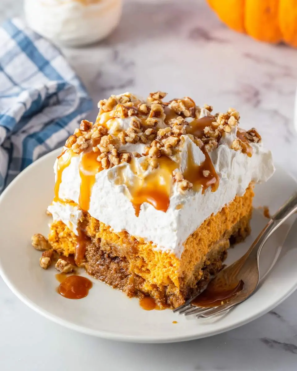 A slice of pumpkin poke cake topped with whipped cream, caramel drizzle, and chopped walnuts on a white plate.