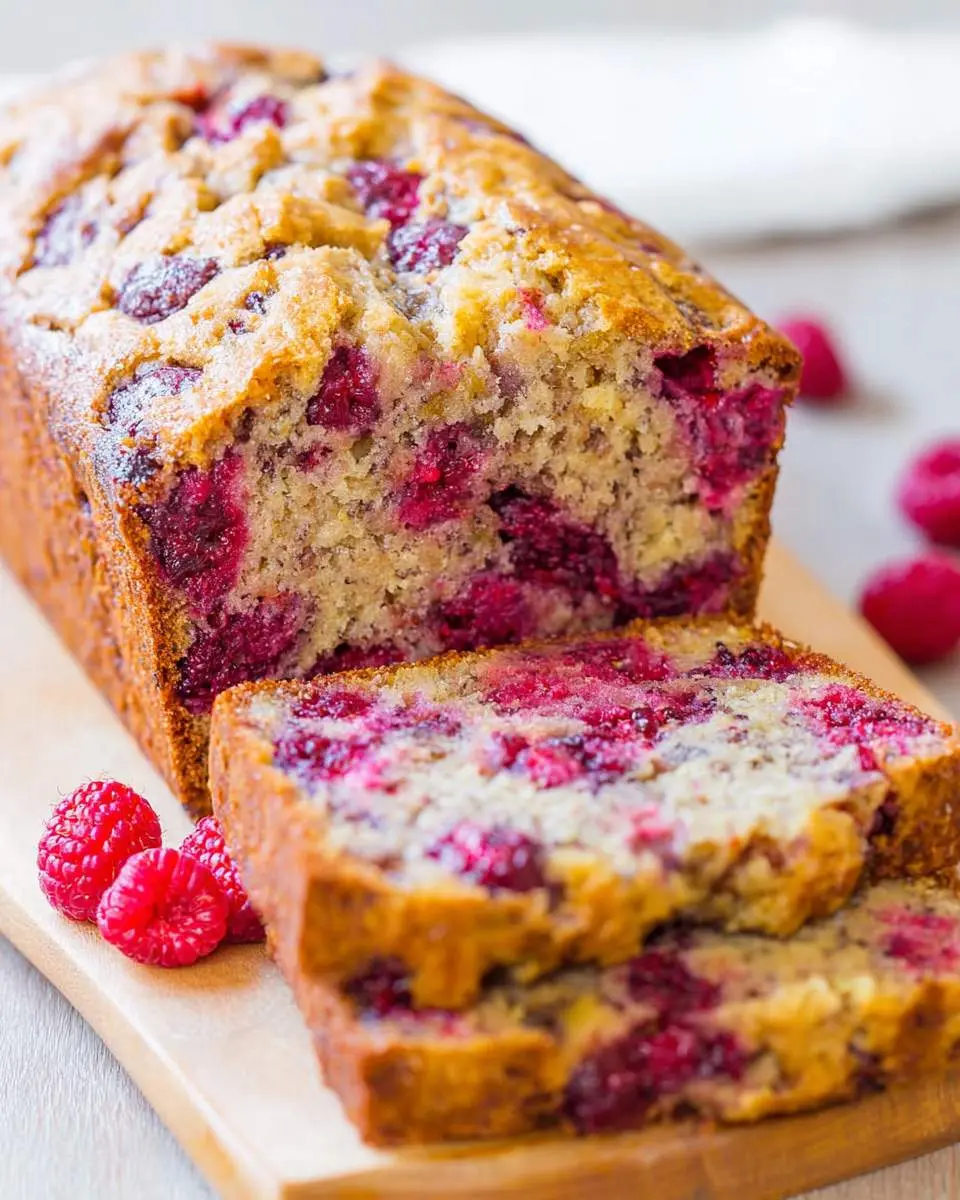 sliced loaf showing jammy raspberry pockets and tender crumb