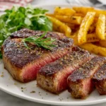 Sliced reverse sear steak with rosemary, fries, and arugula on a white plate.