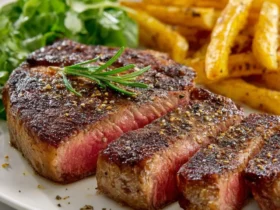 reverse sear steak 46 Sliced reverse sear steak with rosemary, fries, and arugula on a white plate.