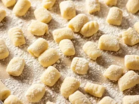 Freshly made ricotta gnocchi from scratch arranged on a floured baking sheet, ready to be cooked.