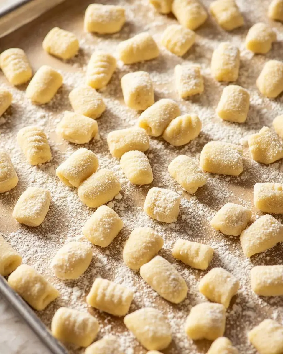Freshly made ricotta gnocchi from scratch arranged on a floured baking sheet, ready to be cooked.