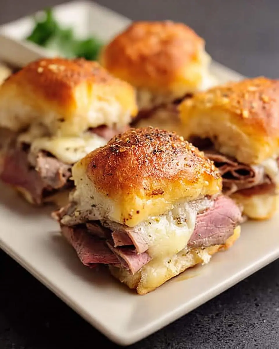 Roast Beef Slider Sandwiches with melted cheese on toasted buns served on a white plate.