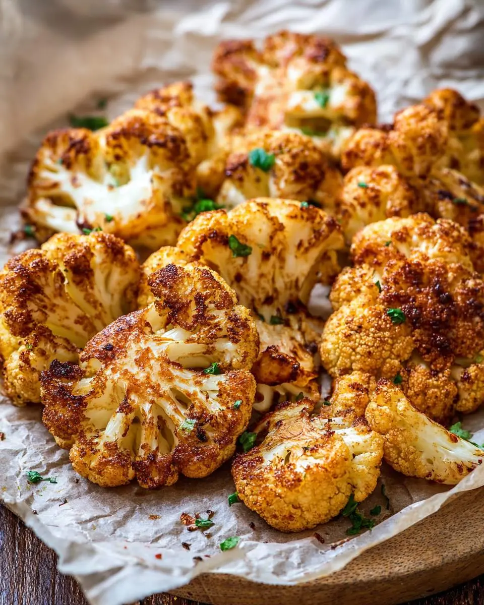Golden brown roasted cauliflower oven recipe with crispy edges and fresh herbs on parchment paper.