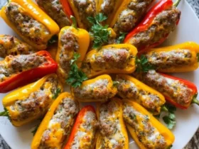 Colorful Sausage Stuffed Mini Peppers arranged on a white plate, garnished with fresh parsley.
