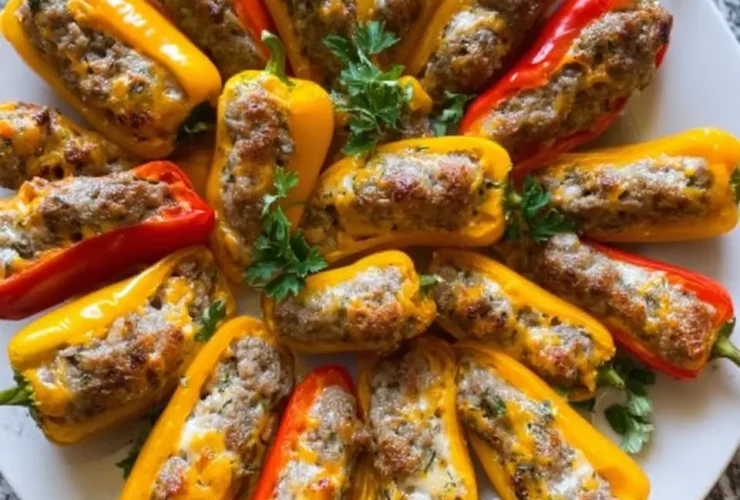 Colorful Sausage Stuffed Mini Peppers arranged on a white plate, garnished with fresh parsley.