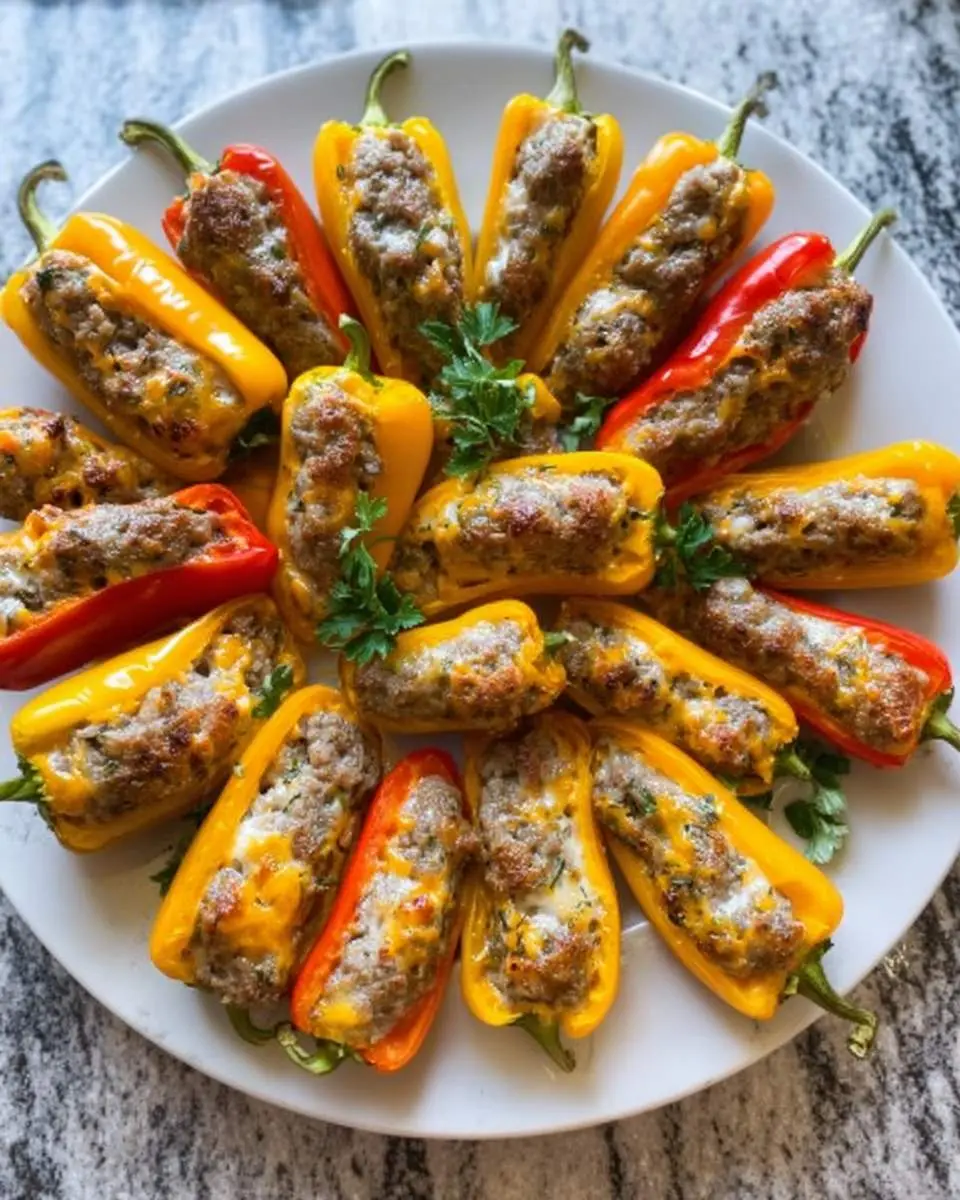 Colorful Sausage Stuffed Mini Peppers arranged on a white plate, garnished with fresh parsley.
