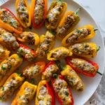 A white plate filled with colorful sausage stuffed mini peppers topped with melted cheese and fresh herbs.