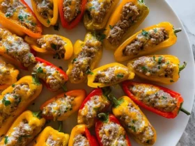 A white plate filled with colorful sausage stuffed mini peppers topped with melted cheese and fresh herbs.