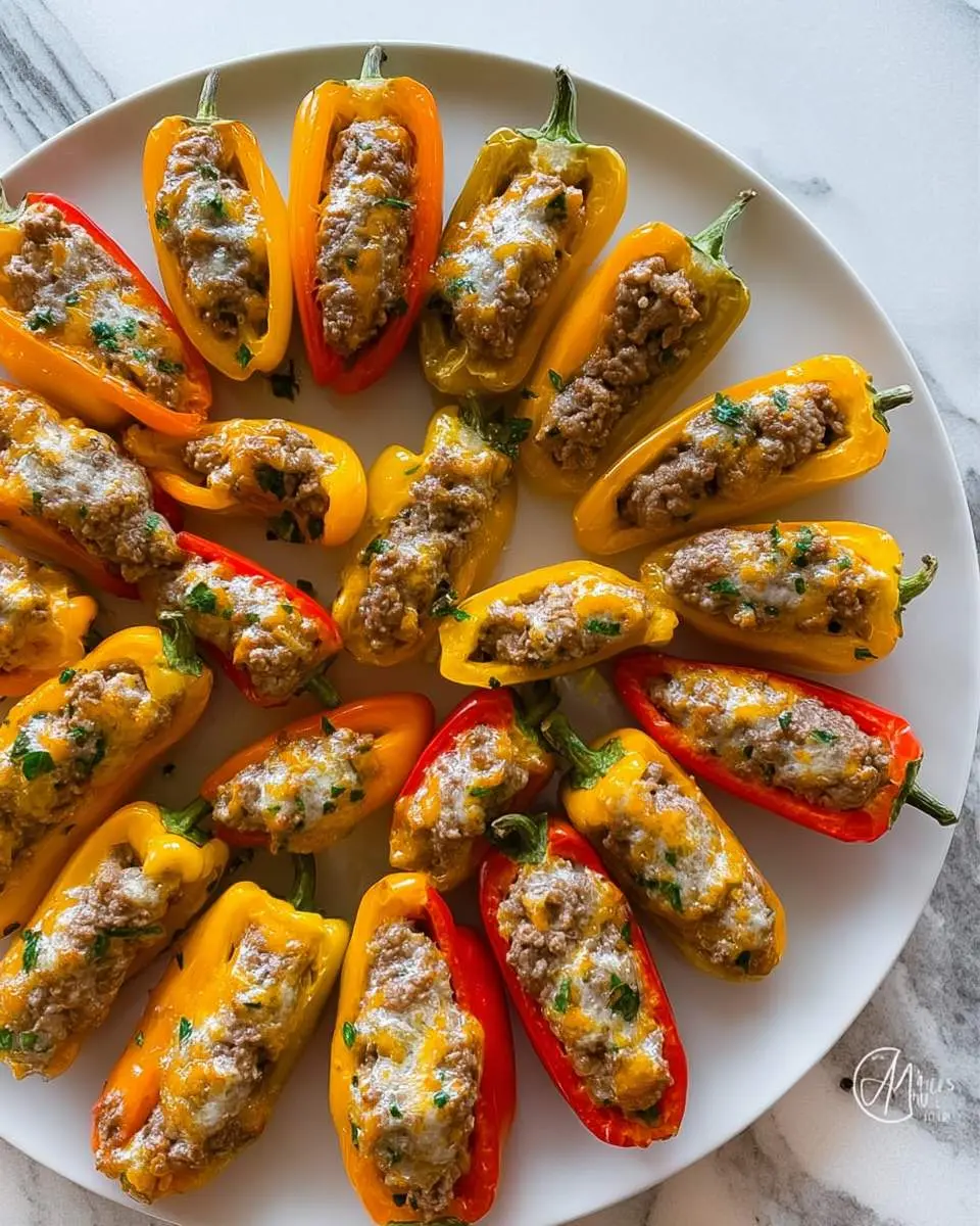 A white plate filled with colorful sausage stuffed mini peppers topped with melted cheese and fresh herbs.