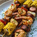 Grilled Shrimp Boil Skewers with Corn, Sausage and Potatoes served on a white plate with fresh herbs.