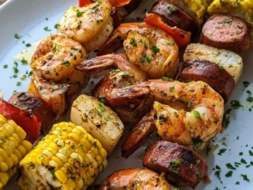 Grilled Shrimp Boil Skewers with Corn, Sausage and Potatoes served on a white plate with fresh herbs.