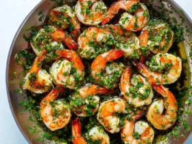 Shrimp With Chimichurri Sauce sizzling in a stainless steel skillet, topped with fresh green herb sauce.