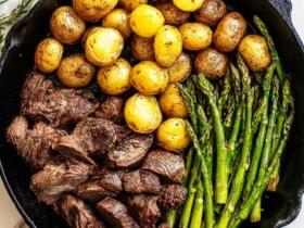 Skillet Steak with Asparagus and Potatoes 49 Skillet Steak with Asparagus and Potatoes served in a black cast iron pan with fresh rosemary.