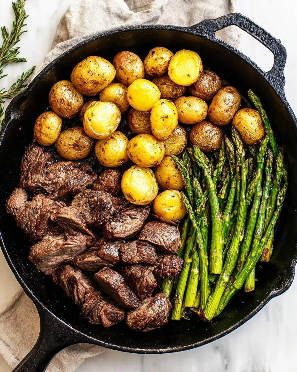 Skillet Steak with Asparagus and Potatoes served in a black cast iron pan with fresh rosemary.