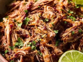 slow cooker carnitas 48 Shredded slow cooker carnitas topped with fresh cilantro, served in a rustic bowl with lime and orange wedges.