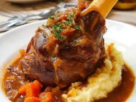 Slow Cooker Greek Lamb Shank 53 Slow Cooker Greek Lamb Shank served with mashed potatoes, carrots, and rich brown sauce on a white plate.