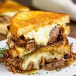 A stacked Smoked Brisket Grilled Cheese sandwich with melted cheese oozing out and crispy toasted bread on a white plate.
