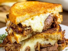 A stacked Smoked Brisket Grilled Cheese sandwich with melted cheese oozing out and crispy toasted bread on a white plate.