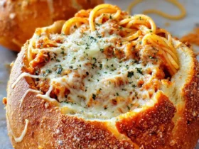 Baked spaghetti garlic bread bowls filled with pasta, meat sauce, and melted cheese topped with herbs.