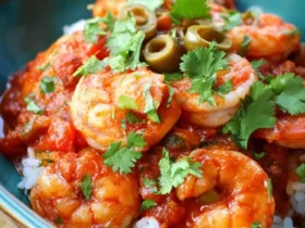 Spicy Shrimp Veracruz served over white rice in a blue bowl, topped with cilantro and green olives.