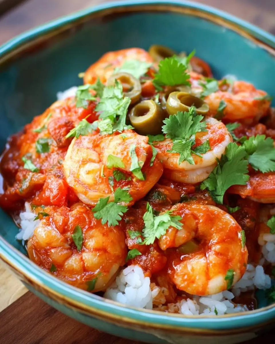 Spicy Shrimp Veracruz 28 Spicy Shrimp Veracruz served over white rice in a blue bowl, topped with cilantro and green olives.