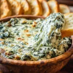 Creamy baked spinach dip recipe in a wooden bowl with a bread slice lifting a cheesy, stretchy portion.