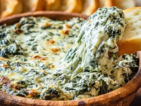 Creamy baked spinach dip recipe in a wooden bowl with a bread slice lifting a cheesy, stretchy portion.