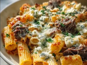 Steak and Blue Cheese Rigatoni Bake 50 A creamy Steak and Blue Cheese Rigatoni Bake topped with melted cheese and fresh herbs in a white bowl.