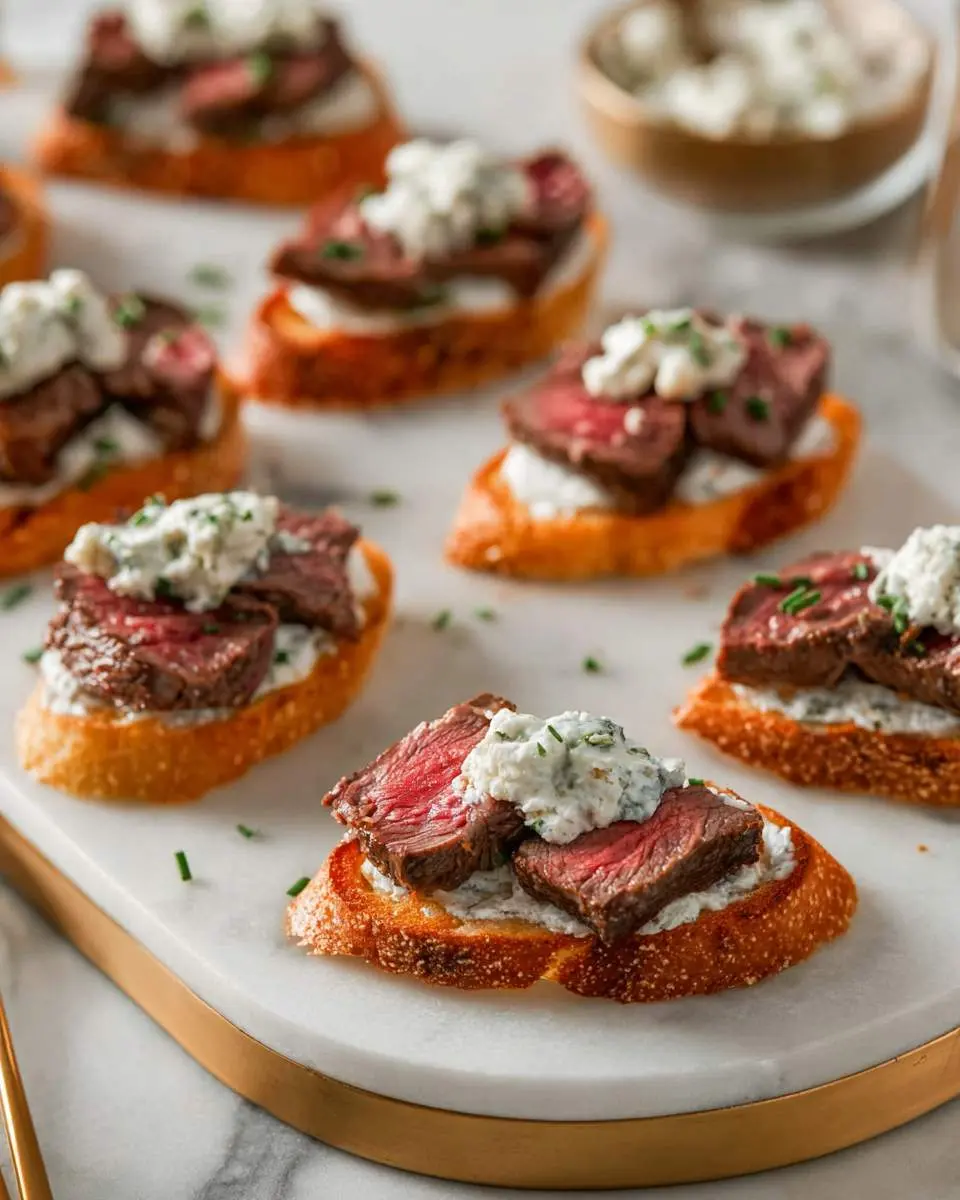 Elegant Steak Crostini with Boursin Cheese on toasted baguette slices, topped with fresh herbs.