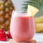 A glass of strawberry banana pineapple smoothie garnished with a pineapple slice on a cork coaster.
