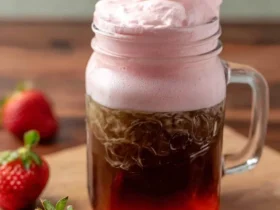 Mason jar with iced coffee topped with strawberry cold foam and fresh strawberry garnish on wooden board.