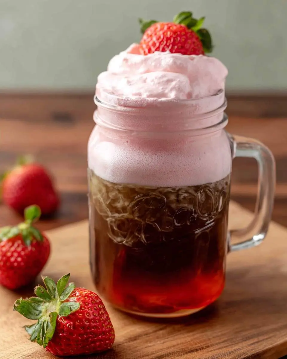 Mason jar with iced coffee topped with strawberry cold foam and fresh strawberry garnish on wooden board.