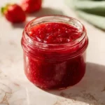 A glass jar filled with vibrant red Strawberry Rhubarb Jam sits on a marble surface with fresh strawberries in the background.